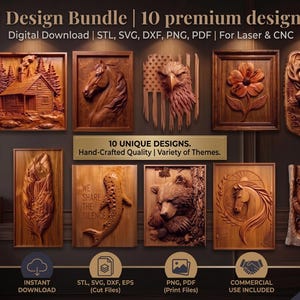Könnte beinhalten: Ein digitales CNC-Design-Paket mit 10 Premium-Dateien in den Formaten STL, SVG, DXF, PNG und PDF. Die Sammlung zeigt verschiedene holzgeschnitzte Reliefmuster wie eine Hütte, ein Pferd, einen Adler, eine Blume, einen Hirsch, eine Feder und Bären.