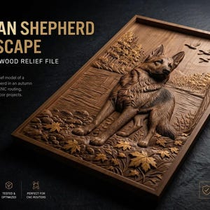 Op de afbeelding: Een rechthoekig houten reliëf met een Duitse herder in een boslandschap met gevallen bladeren, bomen en vogels. De tekst luidt GERMAN SHEPHERD LANDSCAPE PREMIUM 3D WOOD RELIEF FILE, HIGH DETAIL, CNC READY, 2.5D RELIEF, EASY TO SCALE, STL FORMAT.