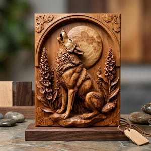 Peut inclure: Une plaque en bois rectangulaire présentant une sculpture en relief détaillée d'un loup hurlant à la pleine lune. La scène est encadrée par une bordure arquée avec des accents floraux sur les côtés. La plaque est fixée sur un socle en bois.