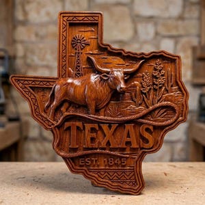 May include: A brown wooden wall plaque shaped like the state of Texas, featuring a carved longhorn steer, a windmill, cacti, and a coiled rope. The text TEXAS and EST. 1845 are carved into the wood, with geometric patterns along the border edges.