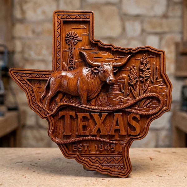 Archivo Texas State 3D STL para Router CNC Talla de Madera | Diseño Relieve Longhorn & Bluebonnets | Vectric Aspire VCarve Descarga