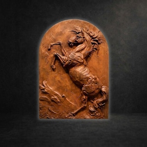 May include: A rectangular wall plaque with an arched top featuring a high-relief sculpture of a rearing horse. The piece is finished in a solid terracotta brown color, showcasing detailed musculature, a flowing mane, and a textured base.