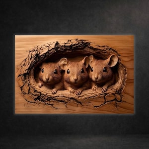 May include: A wooden relief carving of three mice emerging from a tree hollow. The mice are brown with large ears and dark eyes. The wood has a natural grain and texture. The carving is set against a dark background.
