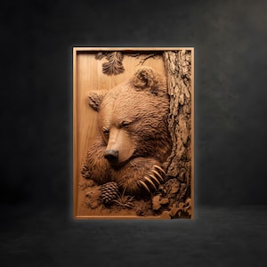 May include: A rectangular wooden wall plaque featuring a detailed relief carving of a bear resting against a tree trunk. The bear is shown with its head tucked, surrounded by textured bark, pine needles, and a single pinecone at the base.