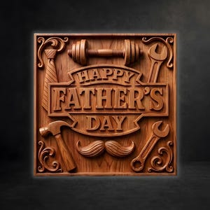 May include: A square wooden plaque featuring carved relief designs including a dumbbell, a necktie, a hammer, two wrenches, and a mustache. The center text reads "HAPPY FATHER'S DAY" in bold, raised lettering, surrounded by decorative scrollwork.