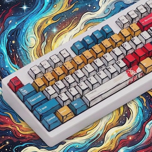 May include: A white mechanical keyboard with colorful keycaps. The keycaps are a mix of blue, yellow, red, and white. The keyboard sits on a vibrant, swirling cosmic background with galaxies and stars.