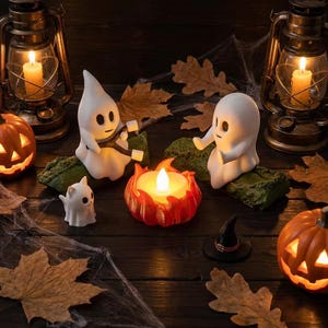 Peut inclure: Deux figurines de fantômes blancs assises sur des bûches vertes, l'une tenant un bâton avec des guimauves, à côté d'un petit chat fantôme et d'un bougeoir orange en forme de flamme, entourés de deux lanternes allumées et deux citrouilles.