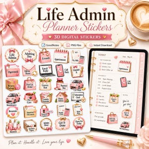 Könnte beinhalten: Ein digitales Sticker-Set mit dem Titel Life Admin Planner Stickers mit 30 Symbolen für Aufgaben wie Besorgungen, Termine und Einkäufe. Enthält rosa Illustrationen von Autos, Taschen und Bürobedarf für digitale Planer.