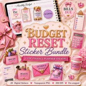 Peut inclure: Ensemble d'autocollants numériques roses et dorés pour planificateur, avec le texte "Budget Reset Sticker Bundle". Les autocollants incluent une calculatrice, une liste de tâches, une tirelire et une tasse à café. Autres autocollants : "Savings Goal" et "Vacation Fund".