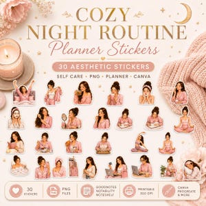 Cozy Night Routine Planner Stickers PNG, Self Care Clipart, Digital Stickers for GoodNotes, Notability, Canva, Pink Girl Sticker Set