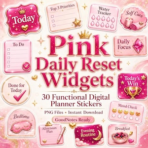 Peut inclure: Une collection d'autocollants numériques roses intitulée Pink Daily Reset Widgets, 30 Functional Digital Planner Stickers, PNG Files, Instant Download, GoodNotes Ready. Inclut des icônes pour Today, Top 3 Priorities, Water Tracker, Self Care, To Do, Daily Focus, Done for Today, Today's Win, Mood Check, Bedtime, Afternoon Plan, Evening Routine et Breakfast.