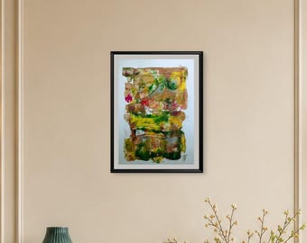 Colourful Abstract Mixed Media Painting Green Yellow Pink Original Signed Art 30x42cm