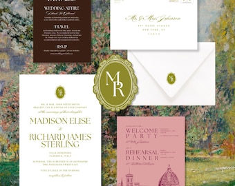 Plantilla de invitación de boda con temática de jardín toscano / Papelería romántica de inspiración italiana / Plantillas editables de Canva (5 piezas)
