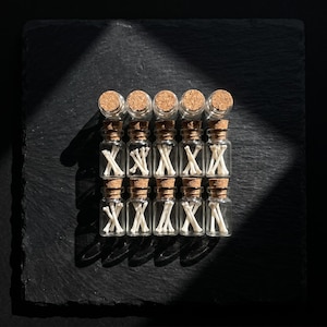 May include: A collection of small glass bottles with cork stoppers, each containing small white bone fragments. The bottles are arranged in rows on a dark, textured surface, with sunlight casting shadows.