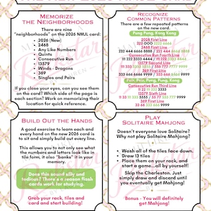 Puede incluir: Una tarjeta rosa y blanca con consejos para aprender el juego de cartas NMJL 2026. La tarjeta incluye secciones sobre memorización, reconocimiento de patrones, construcción de manos y solitario. El texto incluye "Mahj Like a Rockstar".