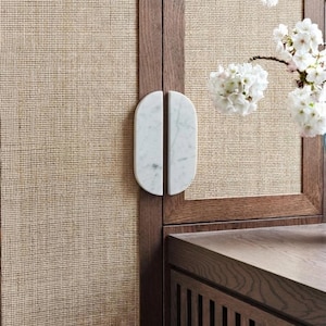 May include: A close-up of a cabinet with a woven cane panel and dark wood frame. The cabinet features oval marble door pulls. White flowers in a vase are visible in the background. The cabinet is a piece of furniture.