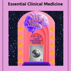 May include: A digital graphic featuring the text ANKI Flashcards Essential Clinical Medicine. A purple brain sits above a silver vault door with the text BIG BRAIN VAULT and FOR ALL YOUR REVISION NEEDS, framed by yellow stars on a dark starry background.