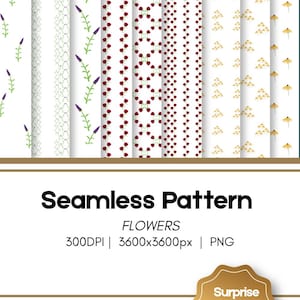 Puede incluir: Una colección de patrones florales sin costuras. Los diseños incluyen ramitas de lavanda, formas geométricas blancas, flores rojas en forma de corazón y racimos de flores amarillas. También se incluye el texto "Seamless Pattern FLOWERS".