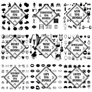 May include: A digital collection of nine square panels featuring black icons on a white background. Each panel contains a central diamond frame with text labels including Fruits, Furniture, Gym, Heart, Music, Jewellery, Kitchen, Lips, and Lotus SVG Bundle.