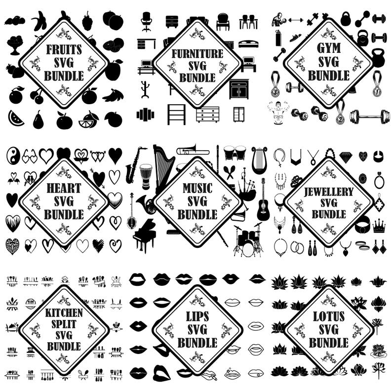 May include: A digital collection of nine square panels featuring black icons on a white background. Each panel contains a central diamond frame with text labels including Fruits, Furniture, Gym, Heart, Music, Jewellery, Kitchen, Lips, and Lotus SVG Bundle.