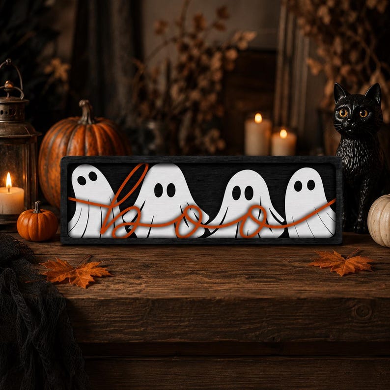 May include: A rectangular black wooden sign featuring four white ghost illustrations with black eyes and mouths. The word "boo" is written across the ghosts in a continuous orange cursive script. The sign has a dark frame and a smooth finish.