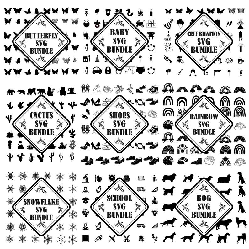 May include: A digital collection of nine square panels featuring black silhouette icons on a white background. Each panel contains a diamond-shaped label with text including Butterfly, Baby, Celebration, Cactus, Shoes, Rainbow, Snowflake, School, and Dog SVG Bundle.