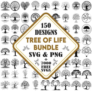 Può includere: Una collezione digitale di 150 disegni dell'Albero della Vita in bianco e nero, con varie sagome di alberi con radici e rami. Un'etichetta centrale a forma di rombo riporta il testo 150 DESIGNS TREE OF LIFE BUNDLE SVG & PNG + 7000 FREE SVGS.