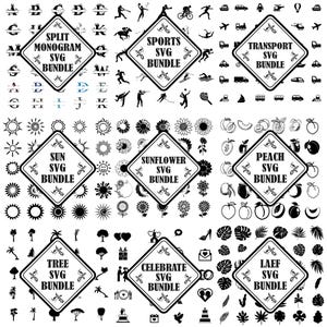 May include: A digital collection of nine black and white SVG design bundles arranged in a grid. Each square features a central diamond label with text such as Split Monogram, Sports, Transport, Sun, Sunflower, Peach, Tree, Celebrate, and Leaf SVG Bundle.