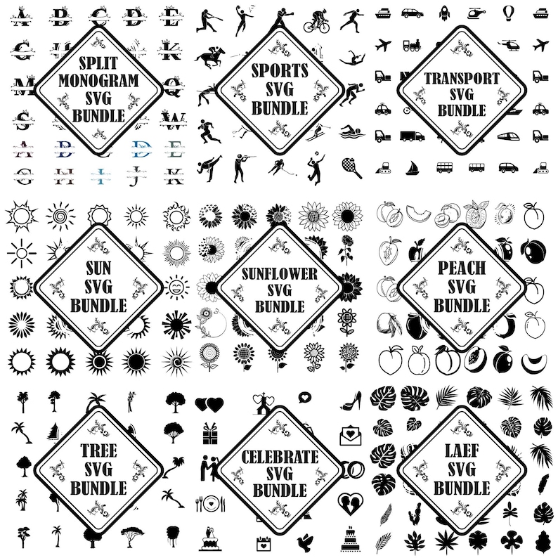 May include: A digital collection of nine black and white SVG design bundles arranged in a grid. Each square features a central diamond label with text such as Split Monogram, Sports, Transport, Sun, Sunflower, Peach, Tree, Celebrate, and Leaf SVG Bundle.