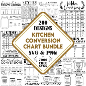 Può includere: Una raccolta di tabelle di conversione da cucina in bianco e nero, con un diamante centrale dorato che recita "200 Designs Kitchen Conversion Chart Bundle SVG & PNG + 7000 Free SVGs."