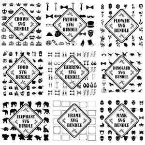 May include: A digital collection of nine SVG bundles featuring black silhouettes on a white background. Categories include crowns, father-themed items, flowers, food, earrings, dinosaurs, elephants, frames, and masks, each labeled with its specific title.