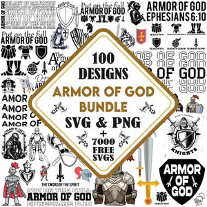 Pode incluir: Um pacote de design digital com 100 arquivos SVG e PNG Armor of God, mais 7000 SVGs gratuitos. A coleção inclui várias ilustrações em preto e branco de cavaleiros, espadas, escudos, capacetes e gráficos de texto sobre Efésios 6:10.