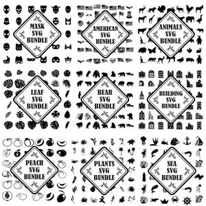 May include: A digital collection of nine square panels arranged in a grid, each featuring a central diamond-shaped frame with text labels including MASK, AMERICAN, ANIMALS, LEAF, BEAR, BUILDING, PEACH, PLANTS, and SEA SVG BUNDLE, surrounded by black icons.
