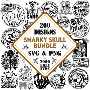 Pode incluir: Uma coleção digital de 200 designs de caveiras sarcásticas em formatos SVG e PNG, com ilustrações gráficas em preto e branco de esqueletos, caveiras e rosas com várias frases, centrada numa etiqueta em forma de diamante com bordas douradas.