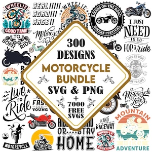May include: A digital collection of 300 motorcycle-themed graphic designs in SVG and PNG formats, featuring various illustrations of motorcycles, riders, and text slogans like Live to Ride, displayed in a collage with a central diamond label.