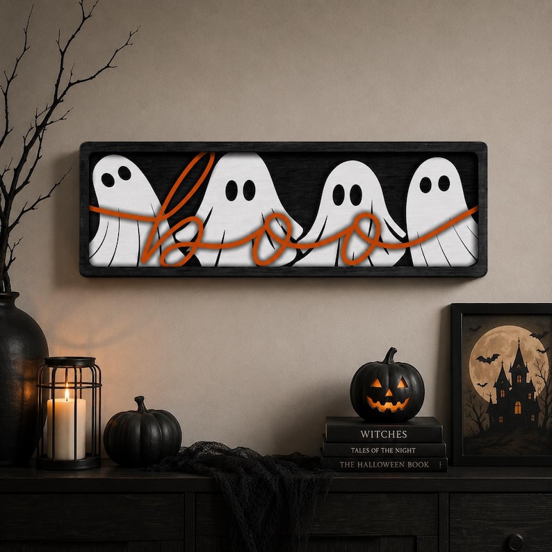 May include: A rectangular wooden wall sign featuring four white ghosts with black eyes and mouths arranged in a row. An orange cursive script spelling the word "boo" overlays the ghosts. The sign is enclosed in a dark black wooden frame.