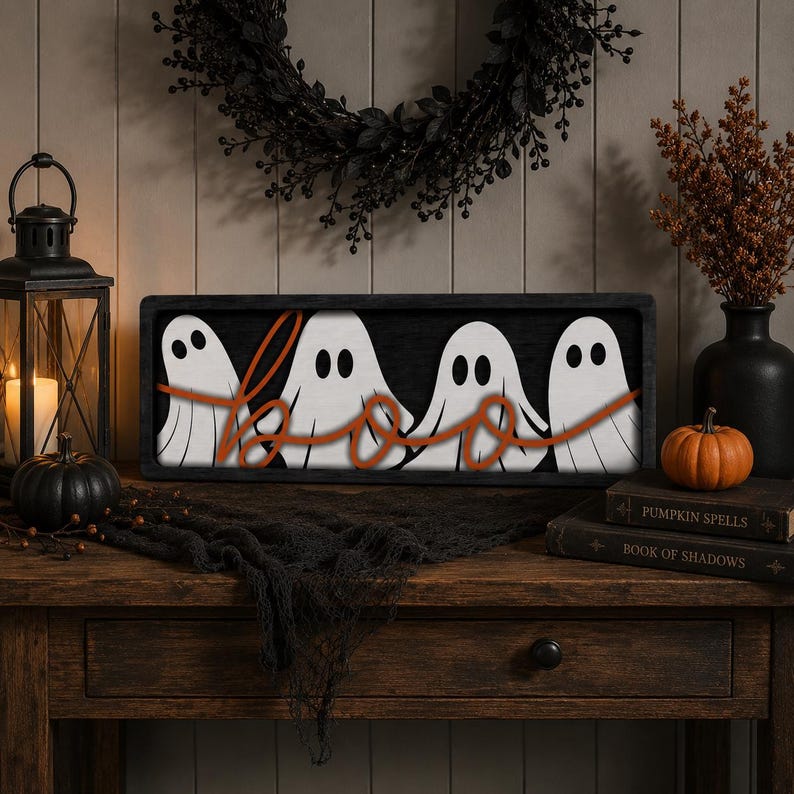 May include: A rectangular wooden sign featuring four white ghost illustrations with black eyes and mouths, overlaid with the orange cursive text "boo". The sign is framed in black wood and has a horizontal orientation, displaying a festive Halloween theme.