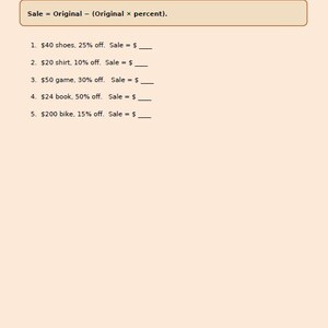 May include: A worksheet titled "PERCENT (SALE)" with a formula and five problems calculating sale prices. The problems involve shoes, a shirt, a game, a book, and a bike, with percentages off. A green button reads "I FINISHED! *"