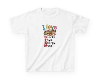 I Love STEM - Snacks Toys Energy Mess Kids Tee | Colorful Cartoon Food and Toys