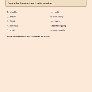 May include: A worksheet with the title "MATCH WORDS TO MEANING" at the top. The worksheet includes a matching exercise with words and their definitions. The bottom of the page has a green button that says "I FINISHED! *"