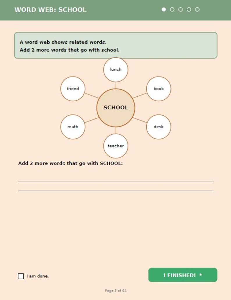 May include: A worksheet with the title "WORD WEB: SCHOOL" at the top. The page features a word web diagram with "SCHOOL" in the center, surrounded by related words like "lunch," "book," and "teacher." There are lines to add more words.