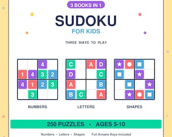 Kids Sudoku Bundle Ages 5-10 | 250 Printable Puzzles | Numbers, Letters & Shapes Sudoku | Dyscalculia and Dysgraphia Friendly | Instant PDF