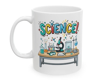 Science Lab Cartoon Mug | Chemistry Beakers and Test Tubes Ceramic Mug