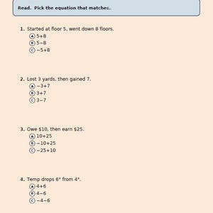 May include: A worksheet titled "INTEGERS: WORD STORIES" with multiple-choice math problems. The problems involve scenarios like changes in floor levels, yardage, and temperature. The text "Read. Pick the equation that matches" is at the top.
