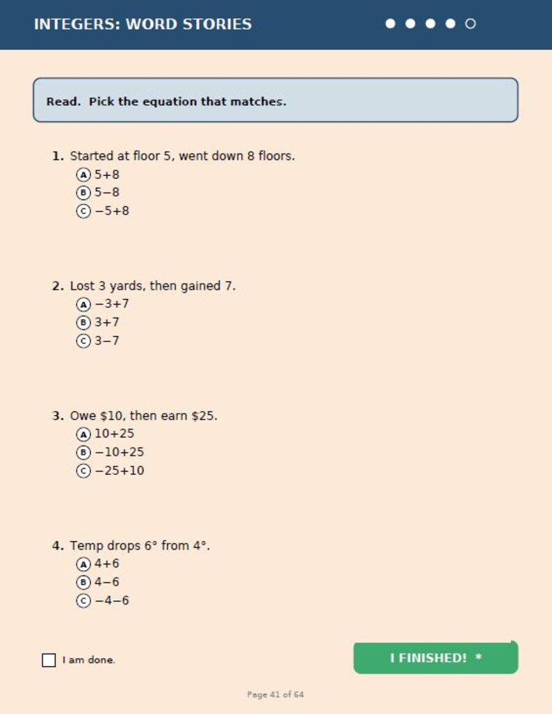 May include: A worksheet titled "INTEGERS: WORD STORIES" with multiple-choice math problems. The problems involve scenarios like changes in floor levels, yardage, and temperature. The text "Read. Pick the equation that matches" is at the top.