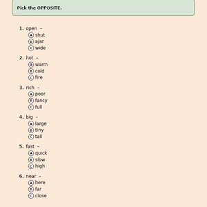 May include: A worksheet page with the title "ANTONYMS (1)" at the top. The page features multiple-choice questions asking to pick the opposite of given words. The text "Pick the OPPOSITE" is in a green box. The bottom right corner has a green button that says "I FINISHED! *"