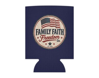Family Faith Freedom Co. Can Cooler | Patriotic American Flag Design