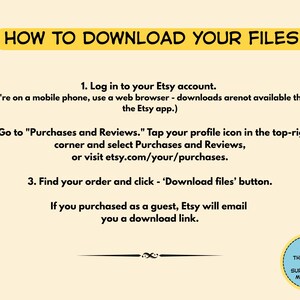 May include: An instructional graphic with a light yellow background and black text titled HOW TO DOWNLOAD YOUR FILES. It outlines three steps for accessing digital purchases on Etsy, including a note for guest buyers and a circular thank you badge.