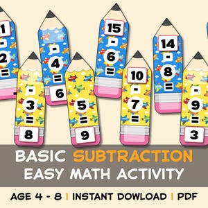 May include: A set of pencil-shaped cards featuring subtraction math problems with numbers and airplane patterns. The text reads BASIC SUBTRACTION EASY MATH ACTIVITY AGE 4 - 8 | INSTANT DOWLOAD | PDF. Each pencil has a black tip, pink eraser, and blue or yellow body.