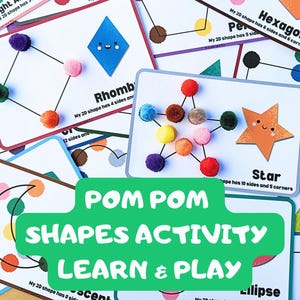 May include: Educational activity cards featuring geometric shapes like stars and rhombuses, decorated with colorful pom-poms. The cards have the text "POM POM SHAPES ACTIVITY LEARN & PLAY" in a green banner.